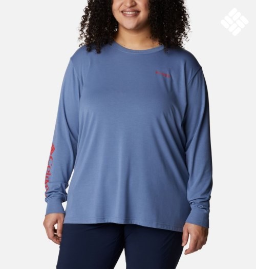 Women's Columbia PFG Slack Water Graphic Long Sleeve Sweatshirts Blue | Plus Size CA-F853C